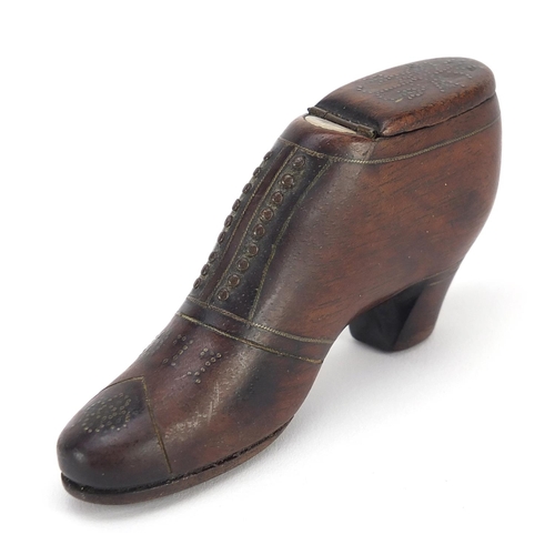 301 - 19th century treen stud work snuff box in the form of shoe, dated 1877, 9cm in length
