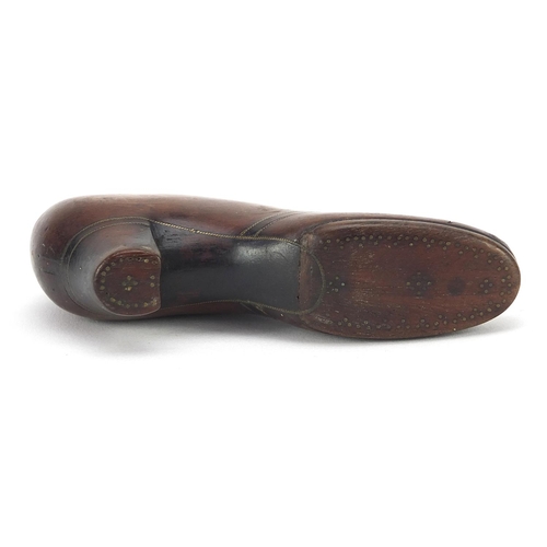 301 - 19th century treen stud work snuff box in the form of shoe, dated 1877, 9cm in length
