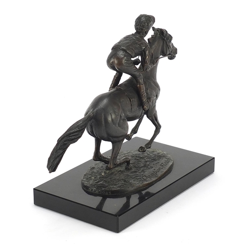 231 - David Cornell 1985, patinated bronze study of a jockey on horseback titled Champion Finish, raised o... 