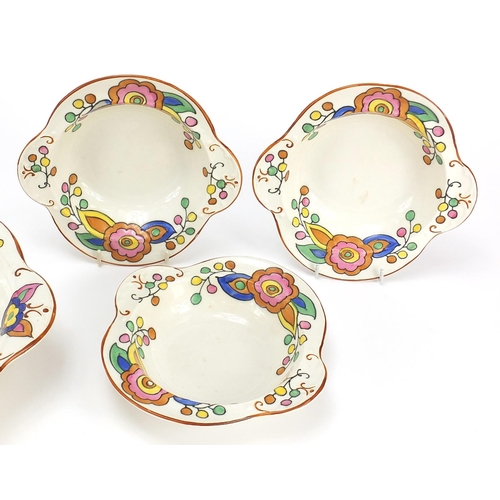 384 - Burleigh ware, Art Deco seven piece fruit set hand painted with stylised flowers, probably by Charlo... 