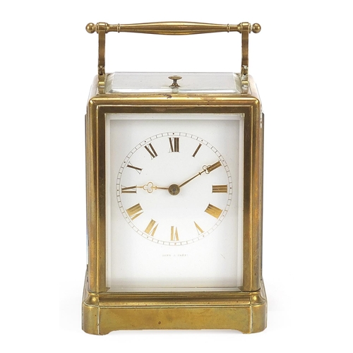 266 - Dent of Paris, 19th century brass cased repeating carriage clock striking on a gong having an enamel... 