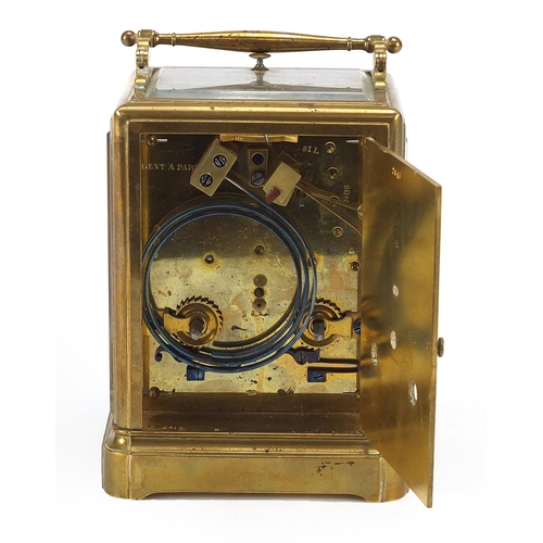 266 - Dent of Paris, 19th century brass cased repeating carriage clock striking on a gong having an enamel... 