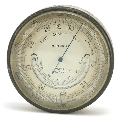 305 - Brass compensated barometer with silvered dial retailed by Asprey of London, 6.5cm in diameter