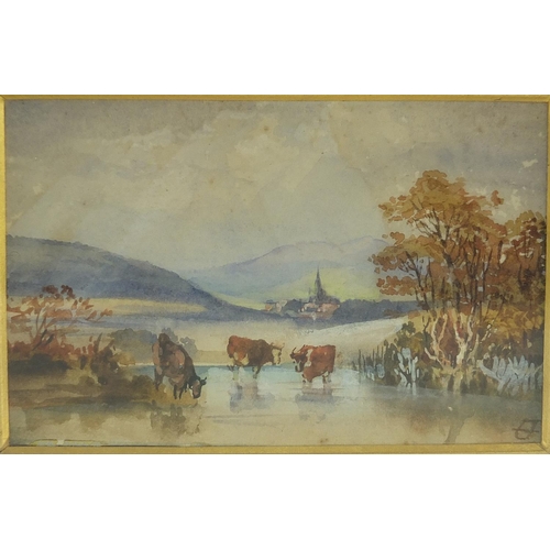 660 - Cattle before a landscape, miniature watercolour, indistinctly monogrammed, mounted, framed and glaz... 