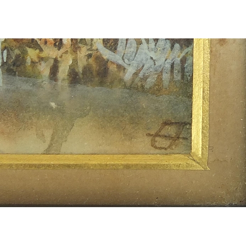 660 - Cattle before a landscape, miniature watercolour, indistinctly monogrammed, mounted, framed and glaz... 