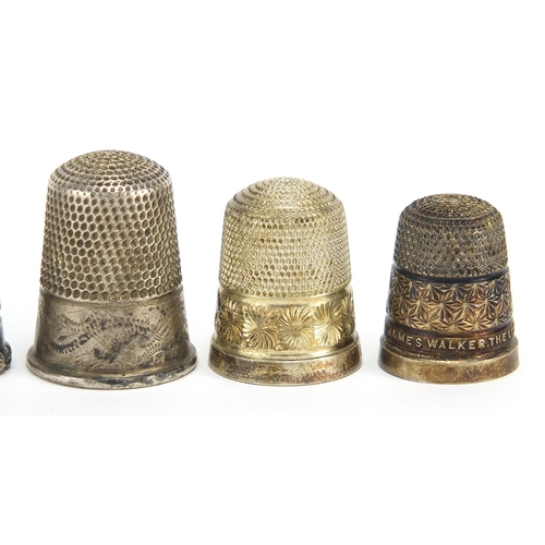 2418 - Six silver thimbles, various hallmarks including Charles Horner, the largest 2.7cm high, total 23.0g