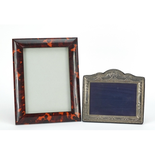 295 - Silver easel photo frame and faux tortoise shell example, the largest 22cm x 17cm