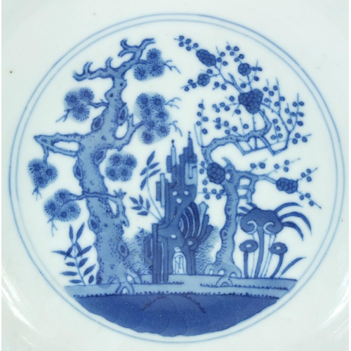 9 - Chinese blue and white porcelain dish hand painted with flowers and figures in a palace setting, six... 