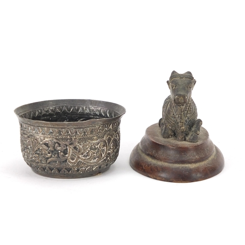 198 - Indian objects to include a white metal bowl, white metal bull on wooden plinth and carved hardstone... 