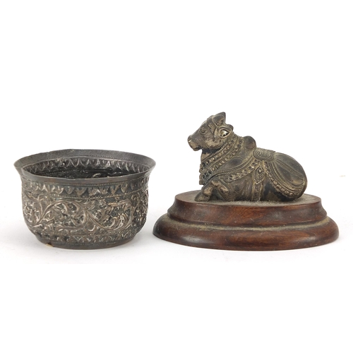 198 - Indian objects to include a white metal bowl, white metal bull on wooden plinth and carved hardstone... 