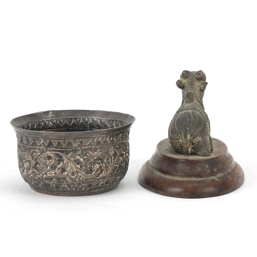 198 - Indian objects to include a white metal bowl, white metal bull on wooden plinth and carved hardstone... 