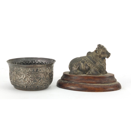 198 - Indian objects to include a white metal bowl, white metal bull on wooden plinth and carved hardstone... 