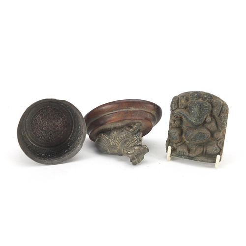 198 - Indian objects to include a white metal bowl, white metal bull on wooden plinth and carved hardstone... 