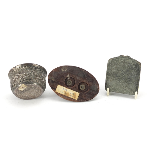 198 - Indian objects to include a white metal bowl, white metal bull on wooden plinth and carved hardstone... 