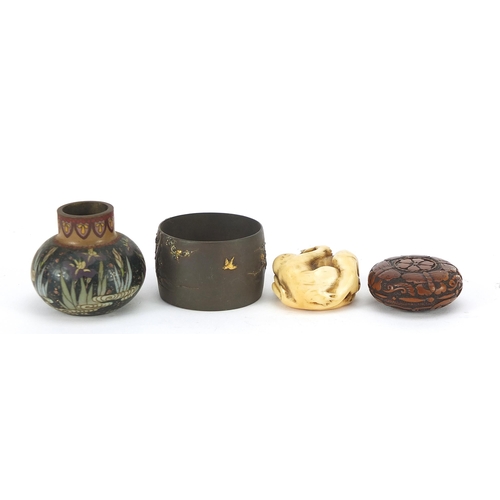 60 - Japanese objects including an ivory toggle, mixed metal napkin ring and cloisonne vase, the largest ... 