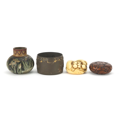 60 - Japanese objects including an ivory toggle, mixed metal napkin ring and cloisonne vase, the largest ... 