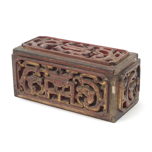 77 - Chinese lacquered wood casket carved with mythical dragons, 16.5cm H x 35.5cm W x 17cm D