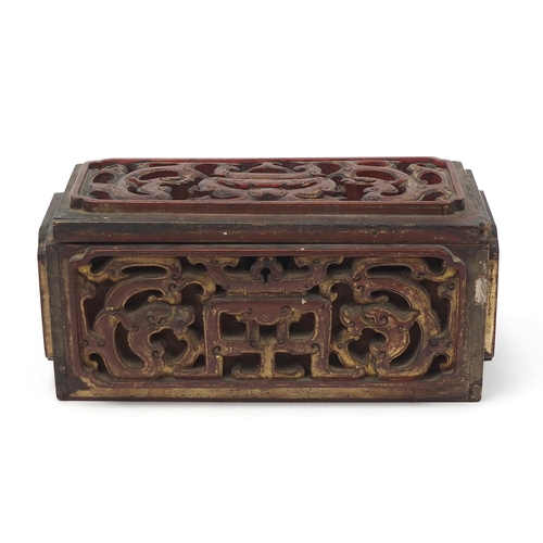 77 - Chinese lacquered wood casket carved with mythical dragons, 16.5cm H x 35.5cm W x 17cm D