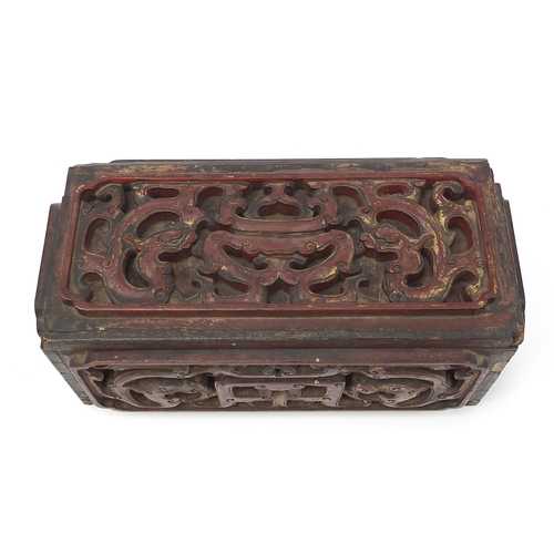 77 - Chinese lacquered wood casket carved with mythical dragons, 16.5cm H x 35.5cm W x 17cm D