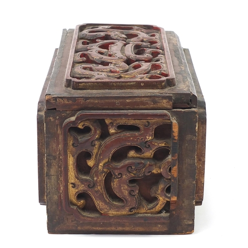 77 - Chinese lacquered wood casket carved with mythical dragons, 16.5cm H x 35.5cm W x 17cm D