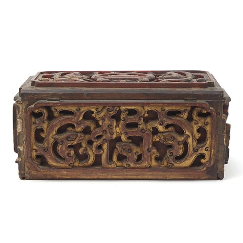 77 - Chinese lacquered wood casket carved with mythical dragons, 16.5cm H x 35.5cm W x 17cm D