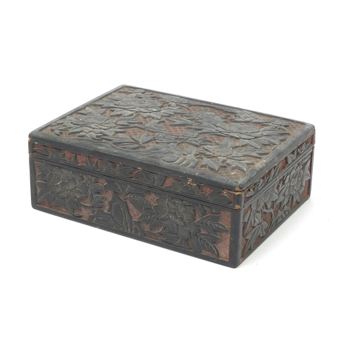 76 - Chinese cinnabar lacquer box and cover carved with birds amongst flowers, 10.5cm H x 29cm W x 21.5cm... 