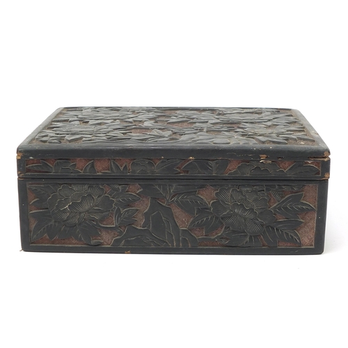 76 - Chinese cinnabar lacquer box and cover carved with birds amongst flowers, 10.5cm H x 29cm W x 21.5cm... 