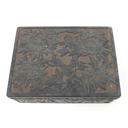 76 - Chinese cinnabar lacquer box and cover carved with birds amongst flowers, 10.5cm H x 29cm W x 21.5cm... 