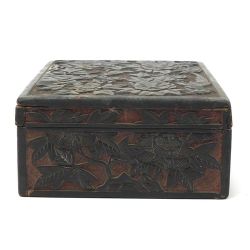 76 - Chinese cinnabar lacquer box and cover carved with birds amongst flowers, 10.5cm H x 29cm W x 21.5cm... 