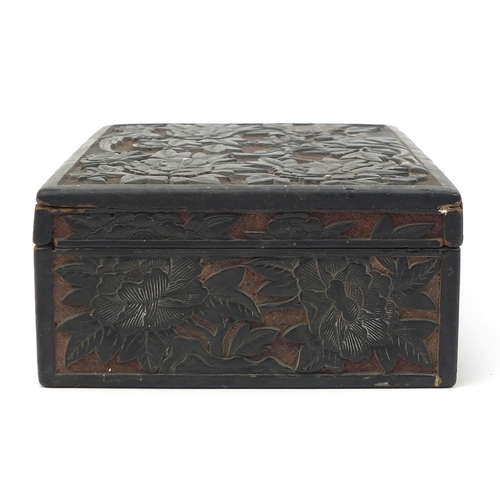 76 - Chinese cinnabar lacquer box and cover carved with birds amongst flowers, 10.5cm H x 29cm W x 21.5cm... 