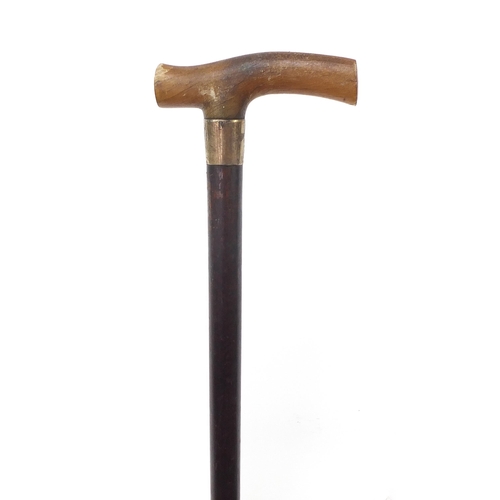 318 - Brigg of London, snakewood walking stick with horn handle and silver collar, 91cm in length