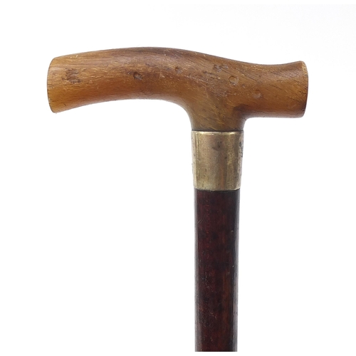 318 - Brigg of London, snakewood walking stick with horn handle and silver collar, 91cm in length