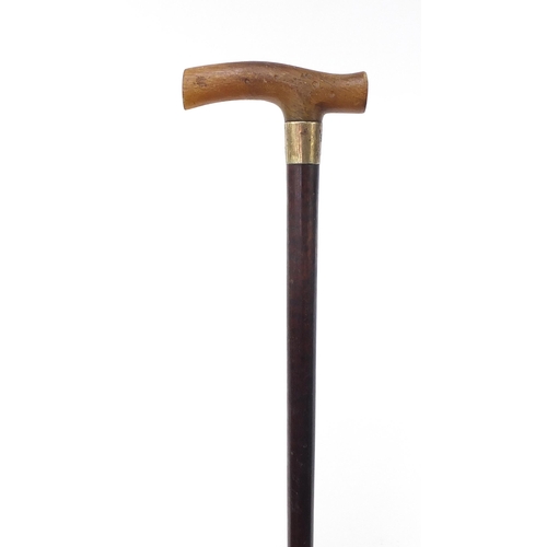 318 - Brigg of London, snakewood walking stick with horn handle and silver collar, 91cm in length