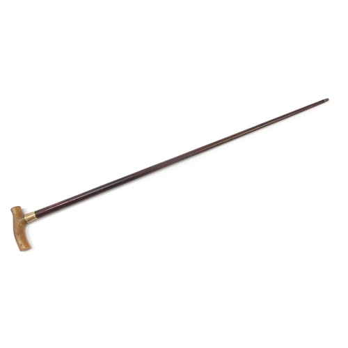 318 - Brigg of London, snakewood walking stick with horn handle and silver collar, 91cm in length