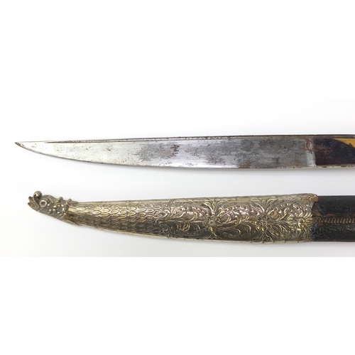 203 - Antique Turkish Ottoman yataghan with coral inset silver handle and gold inlaid steel blade with sil... 