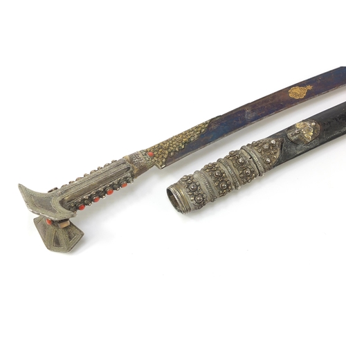 203 - Antique Turkish Ottoman yataghan with coral inset silver handle and gold inlaid steel blade with sil... 