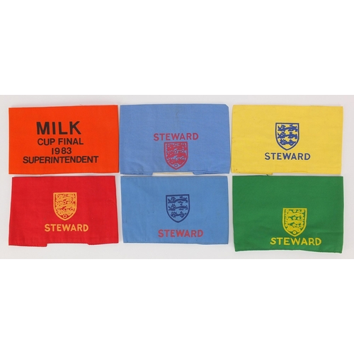 2484 - Six vintage Football Association Steward and Superintendent arm bands including 1983 Milk Cup Final