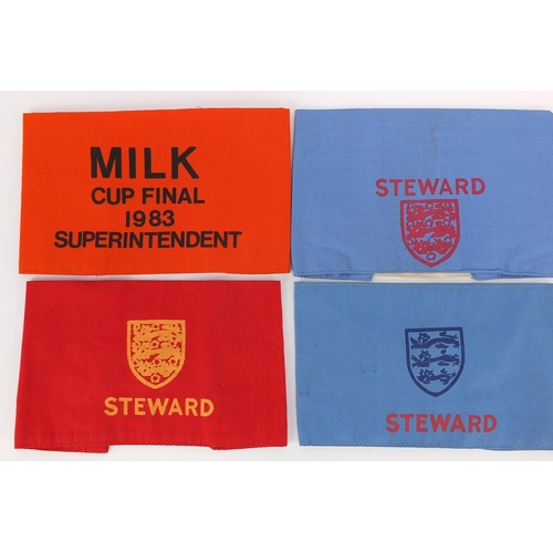 2484 - Six vintage Football Association Steward and Superintendent arm bands including 1983 Milk Cup Final