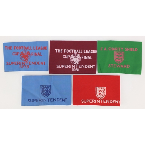 2481 - Five vintage Football Association Superintendent and Steward arm bands including 1979 Football leagu... 