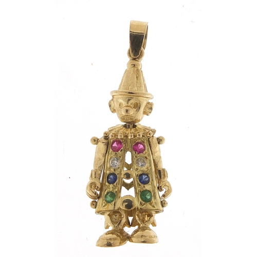 1722 - 9ct gold articulated clown pendant, set with colourful stones including sapphires, 3.5cm high, 3.8g