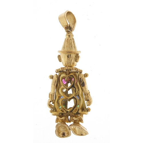 1722 - 9ct gold articulated clown pendant, set with colourful stones including sapphires, 3.5cm high, 3.8g