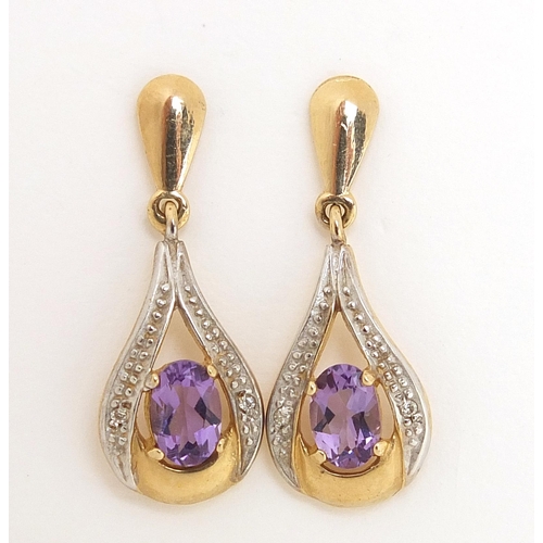 1702 - Pair of 9ct gold amethyst and diamond drop earrings, 2.5cm high, 2.4g