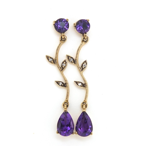 1682 - Pair of 9ct gold amethyst and diamond drop earrings, 4cm high, 3.9g