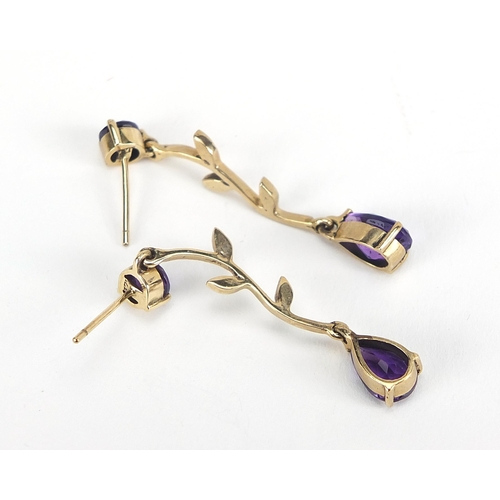 1682 - Pair of 9ct gold amethyst and diamond drop earrings, 4cm high, 3.9g