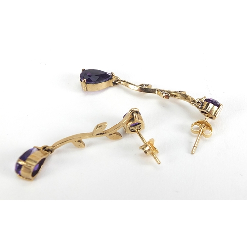 1682 - Pair of 9ct gold amethyst and diamond drop earrings, 4cm high, 3.9g