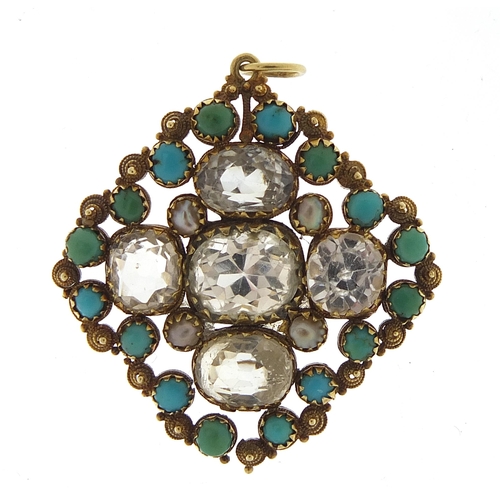 1667 - Antique unmarked gold white sapphire and turquoise pendant, 3cm high, 3.5g
