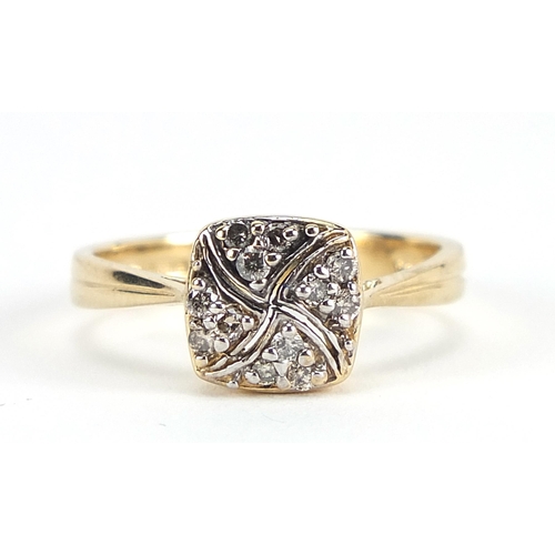 1732 - 9ct gold diamond cluster ring, size N/O, 2.8g