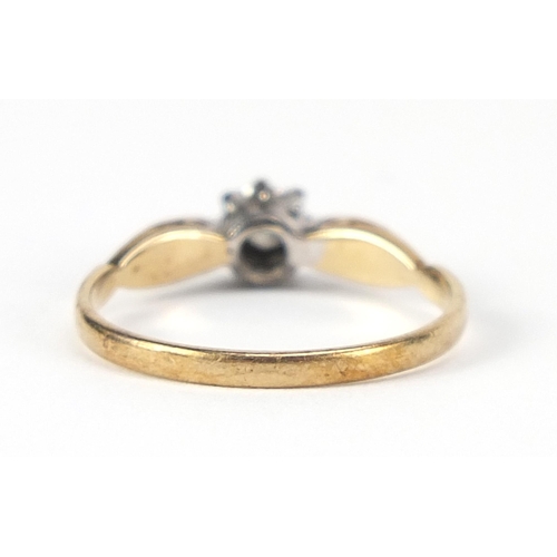 1744 - 9ct gold diamond solitaire ring, size N, 1.6g