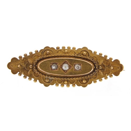 1764 - Victorian 15ct gold diamond and seed pearl bar brooch, housed in a Johnston & Court box, 4.5cm wide,... 