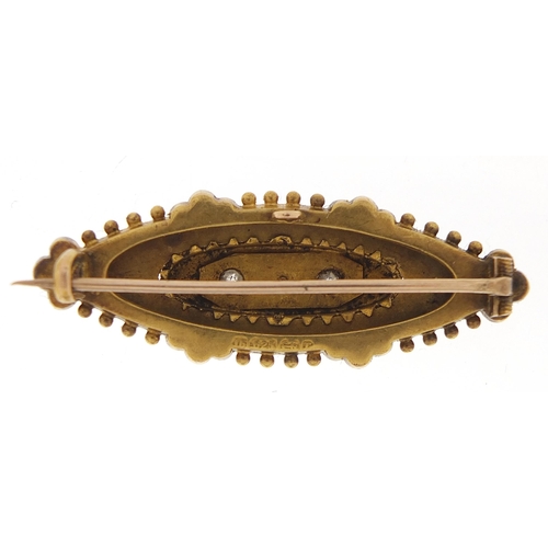 1764 - Victorian 15ct gold diamond and seed pearl bar brooch, housed in a Johnston & Court box, 4.5cm wide,... 